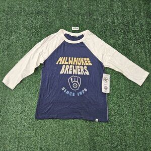 Milwaukee Brewers Women's 3/4 Sleeve Tee Shirt S Small Atlas Blue Licensed NWT